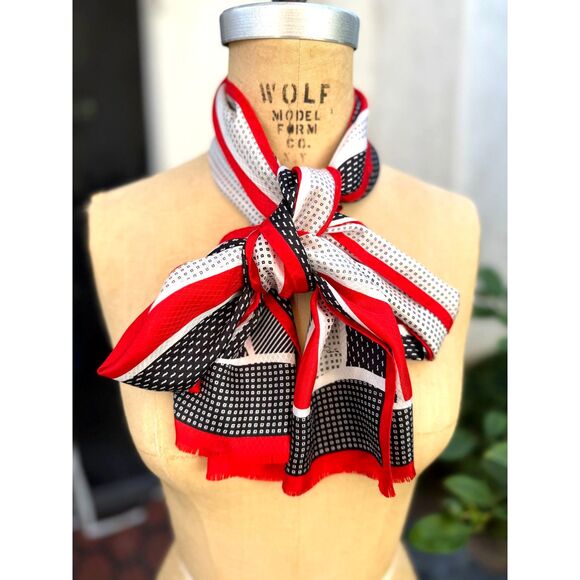 VTG Red Blk Wht Abstract Squares & Stripes Long Rectangle Scarf SZ 11.5"W x 65"L - Picture 1 of 7